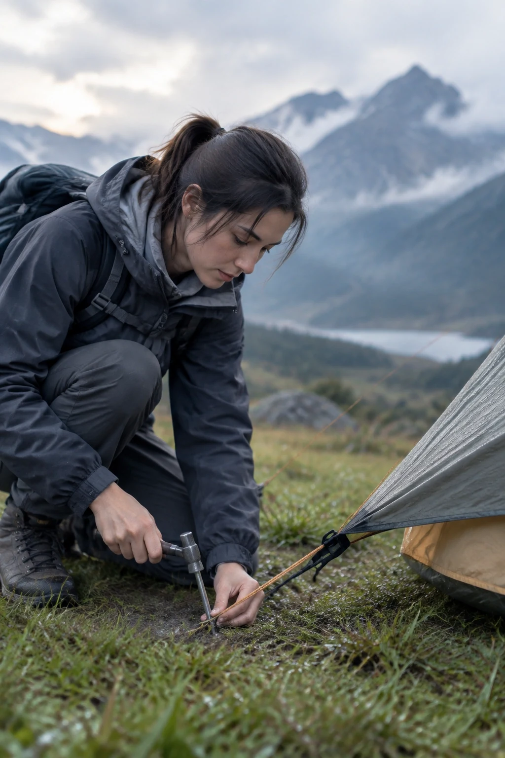 Hiker kneeling to peg out a tent on damp grass