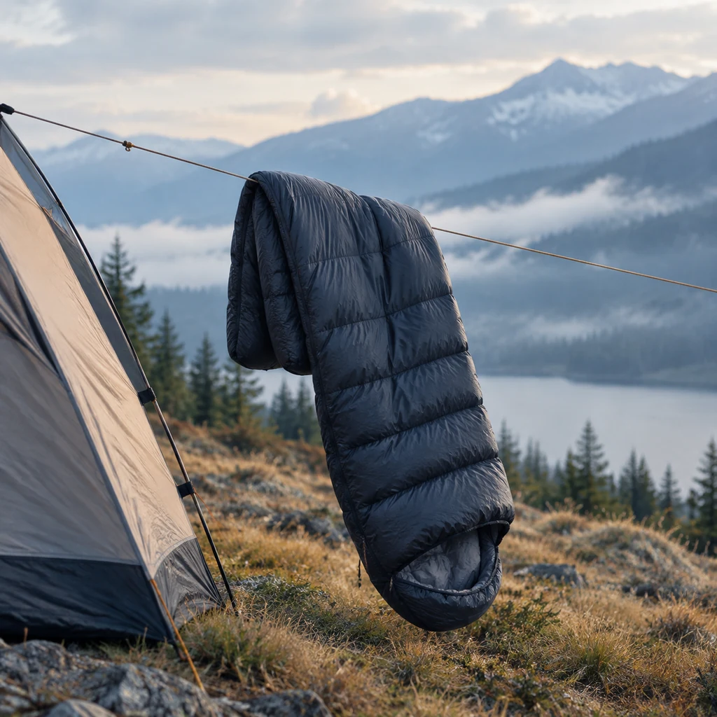 Sleeping bag hung to air on a line outside a tent