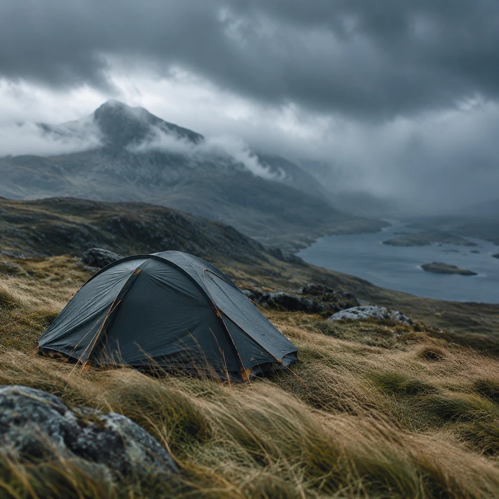 Stormy upland campsite with wind bending the grass around a low tent