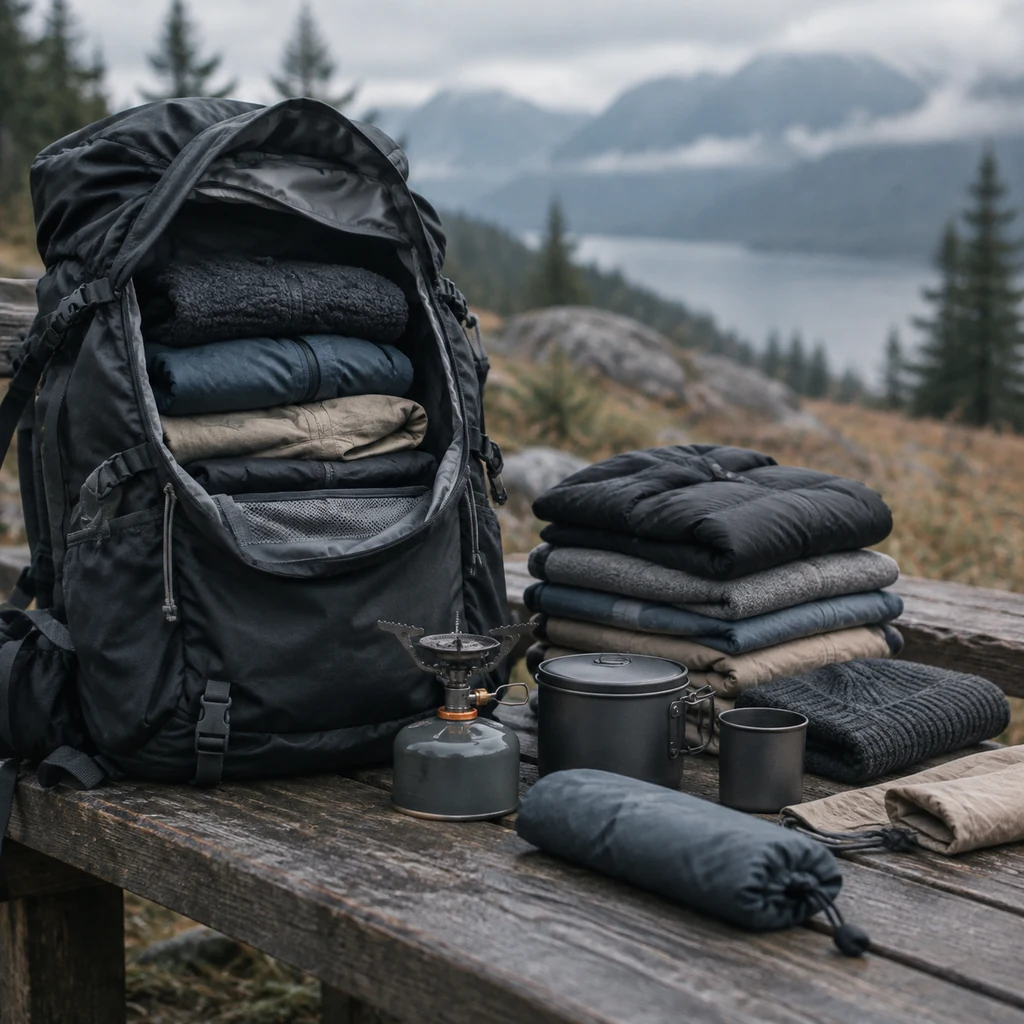 Rucksack open on a bench with clothing layers and a stove beside it