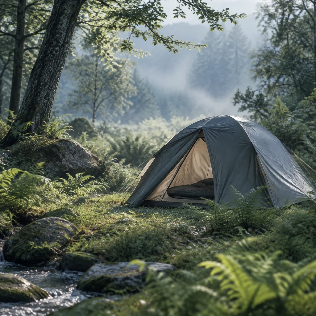 Small tent among ferns in a quiet woodland clearing