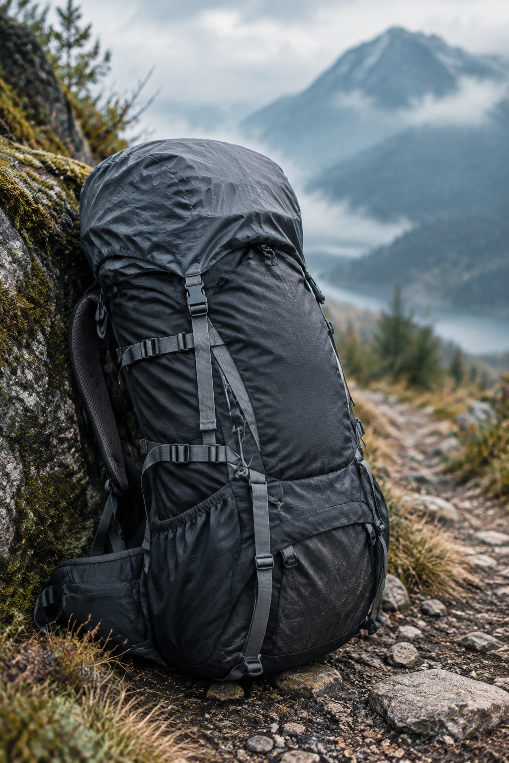 Large trekking rucksack with compression straps propped against a mossy boulder