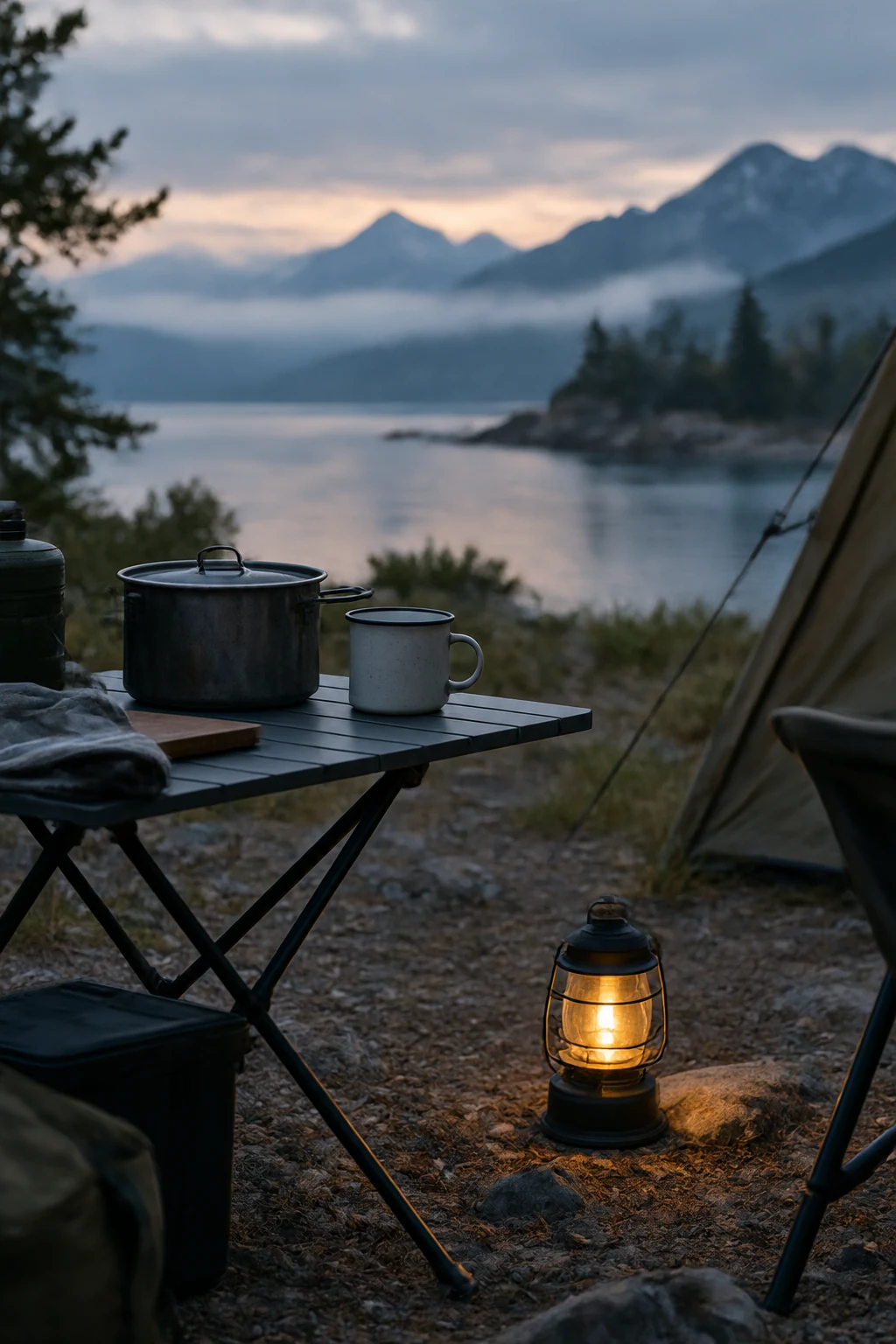 Camp kitchen at dusk with a folding table, pot, mug and glowing lantern
