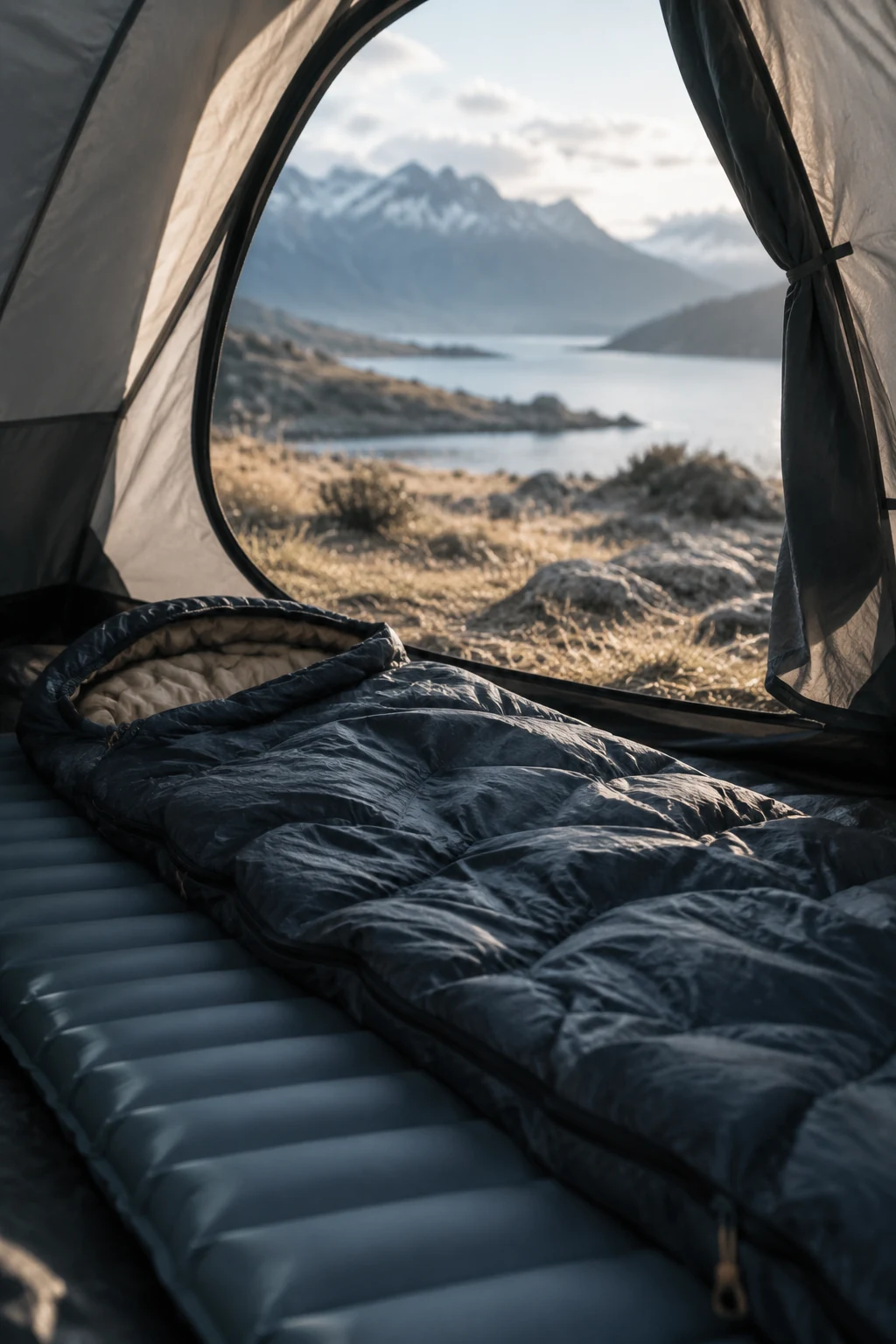 Sleeping bag and inflatable mat laid out inside an open tent