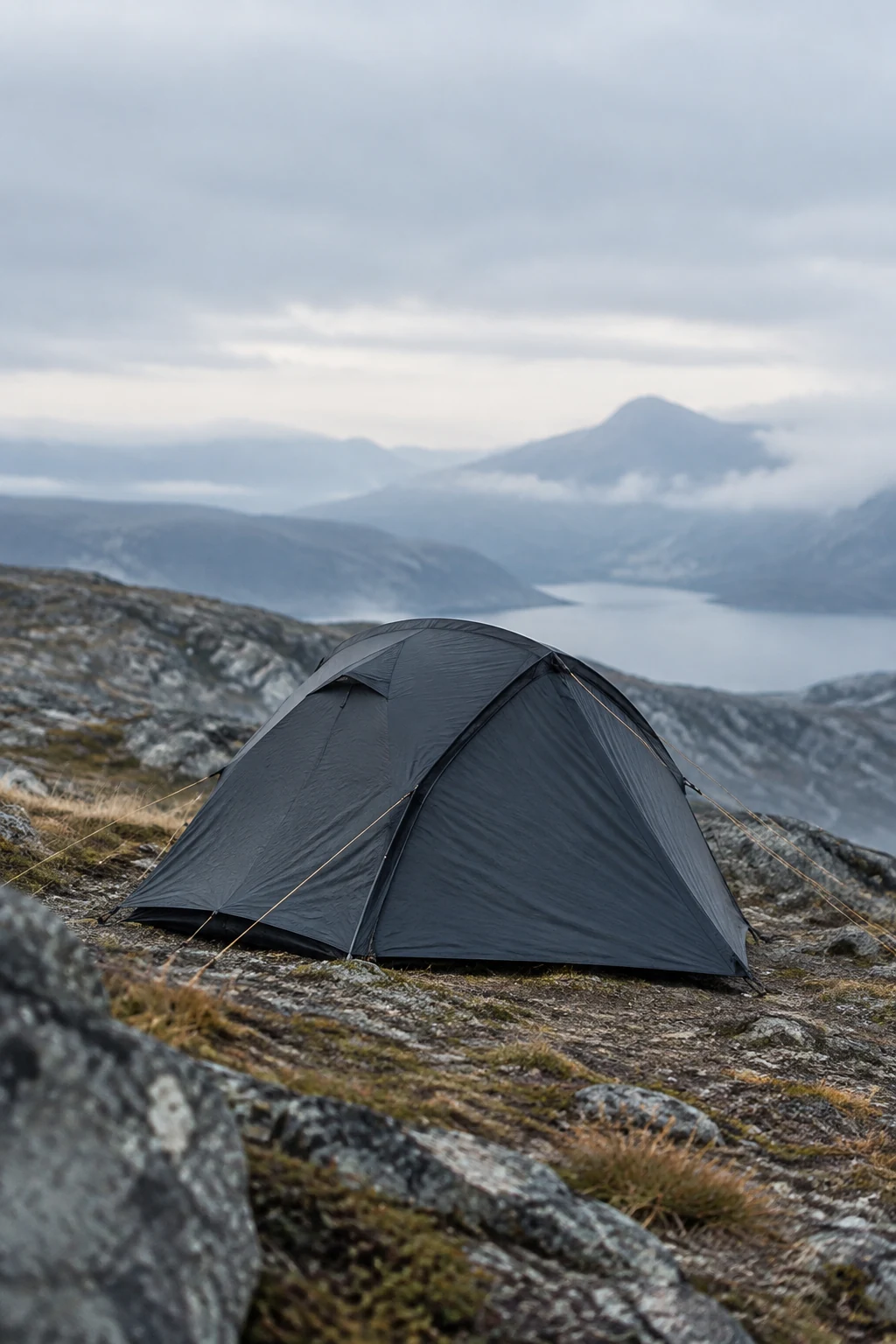 Two person tent pitched on a rocky plateau under an overcast sky
