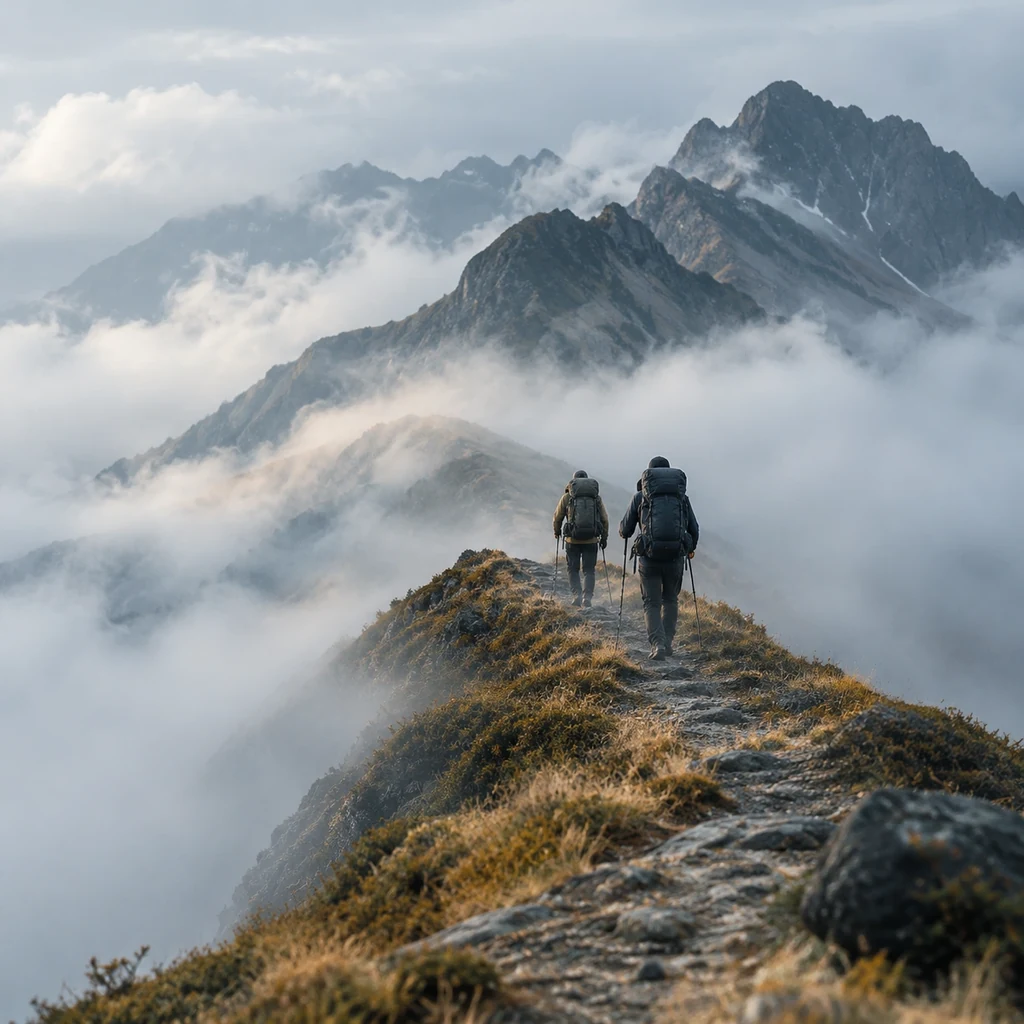 Two hikers with large packs walking a ridge path in thin cloud
