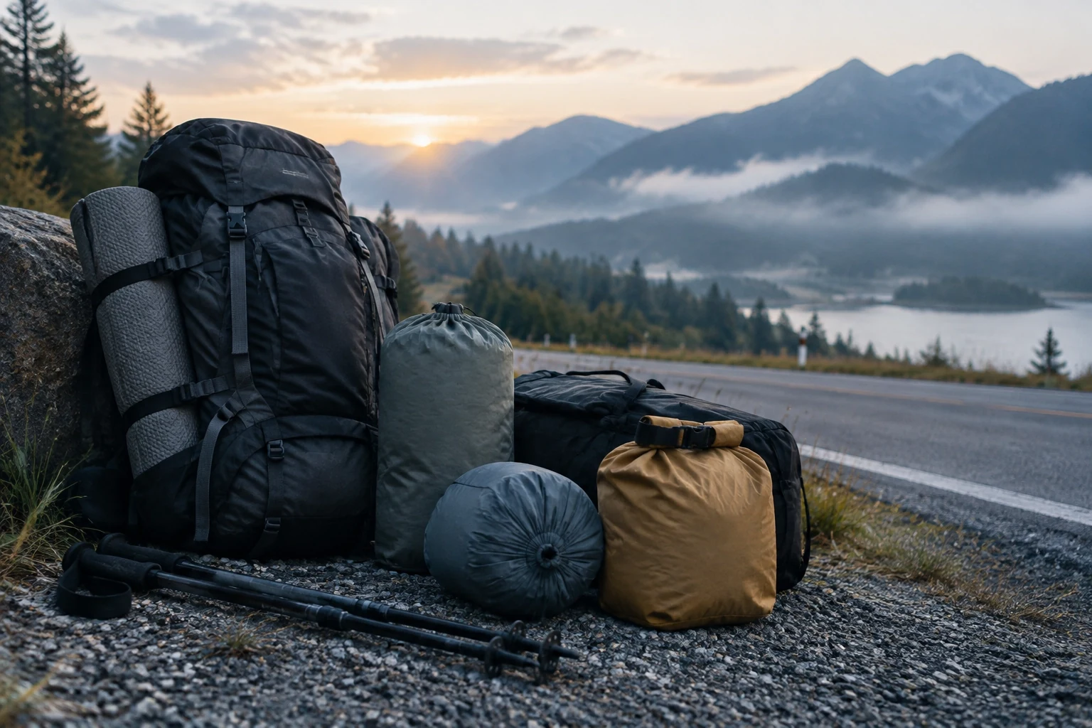 Packed rucksacks and stuff sacks ready to be carried out at dawn
