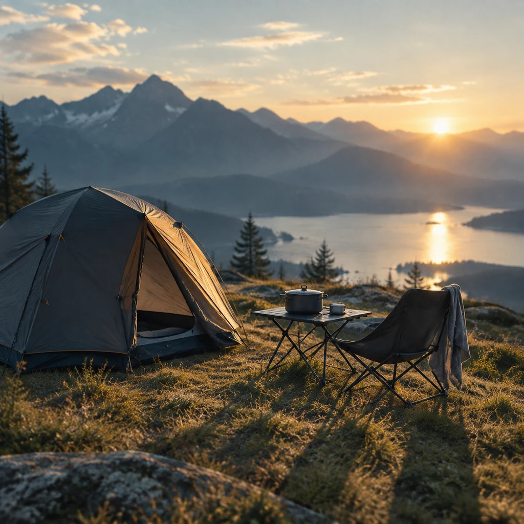 Camp set up at golden hour with a tent, folding chair and cooking pot