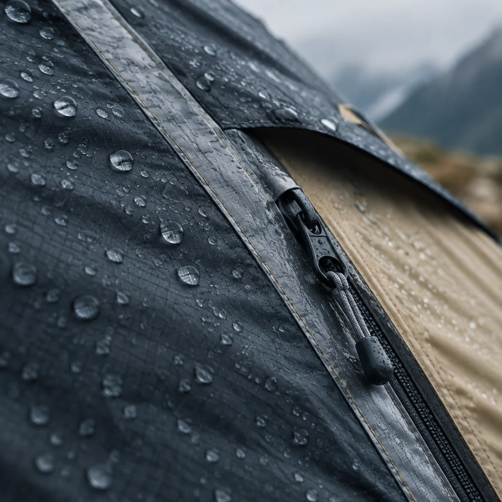 Close up of ripstop tent fabric with a taped seam and beaded water droplets