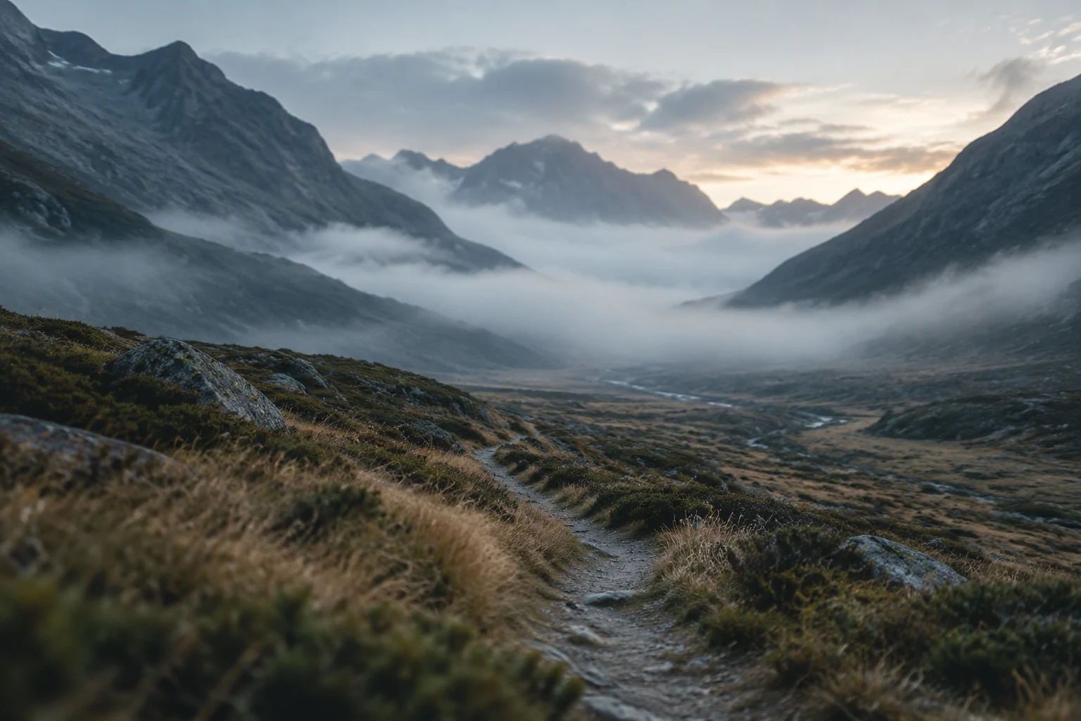 Wide valley trail at dawn with low cloud between the slopes