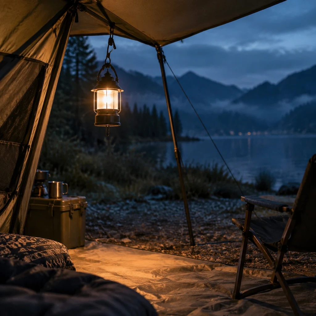 Lantern hanging in a tent porch at night casting warm light
