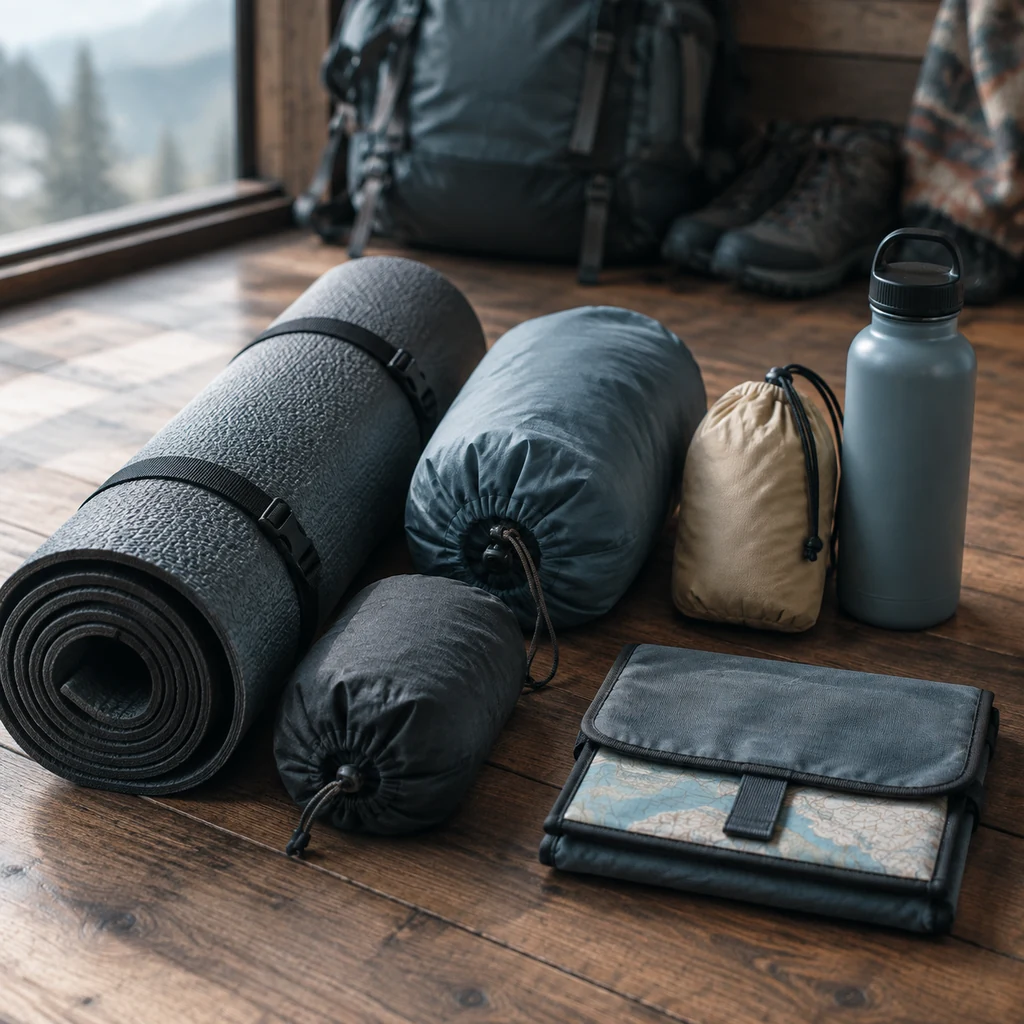 Packed gear laid out on a wooden floor before a trip
