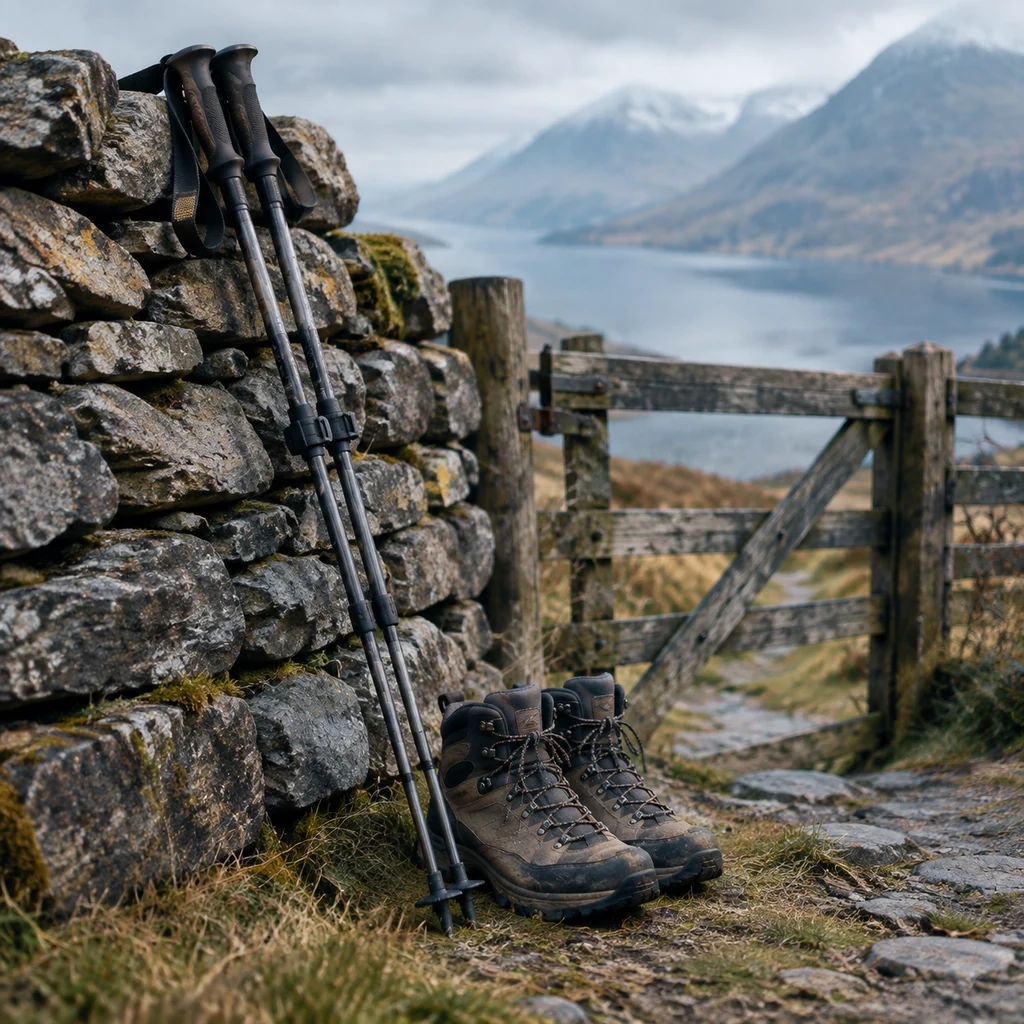 Boots and trekking poles resting against a drystone wall by a gate