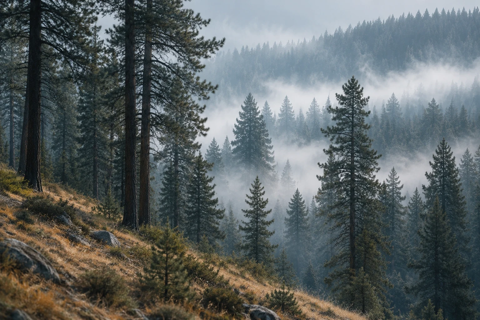 Pine forest slope with mist threading between the trunks