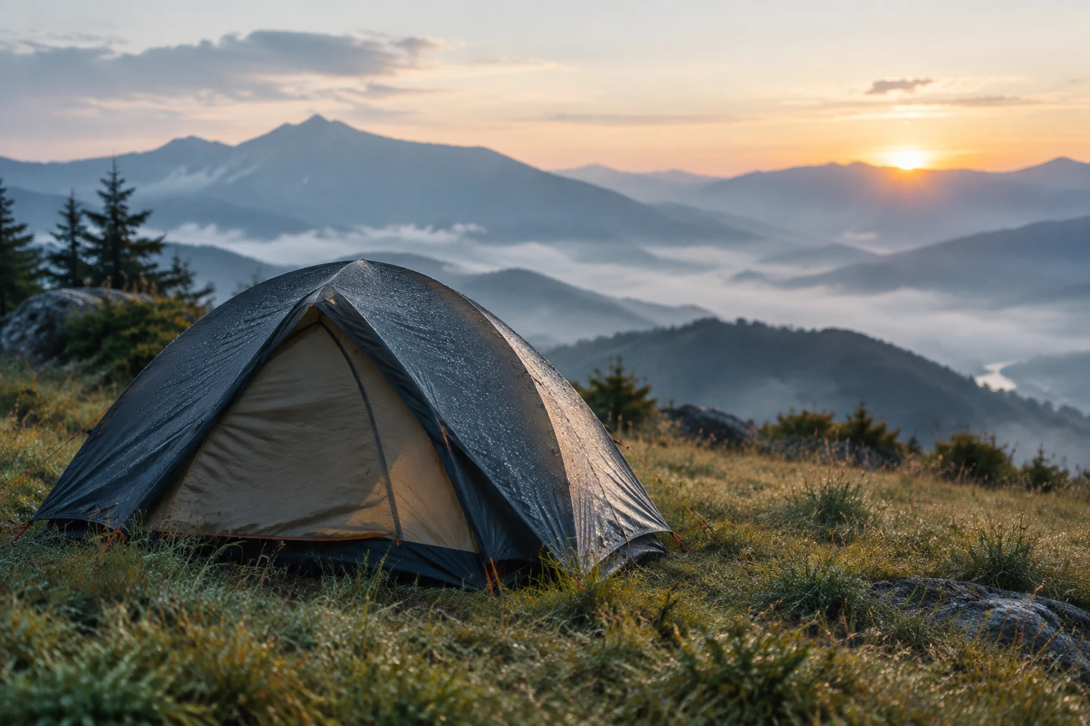 Dome tent pitched on an upland clearing at sunrise with mist over the ridges behind
