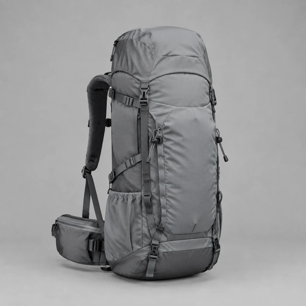 Large grey trekking rucksack with a padded hip belt standing upright