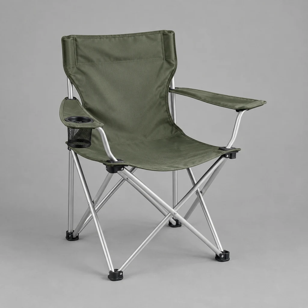 Folding camp chair with an aluminium frame set up ready to use