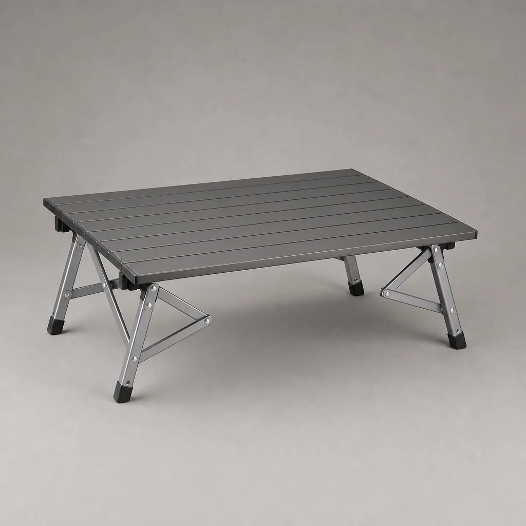 Low folding aluminium camp table with a slatted top and extended legs