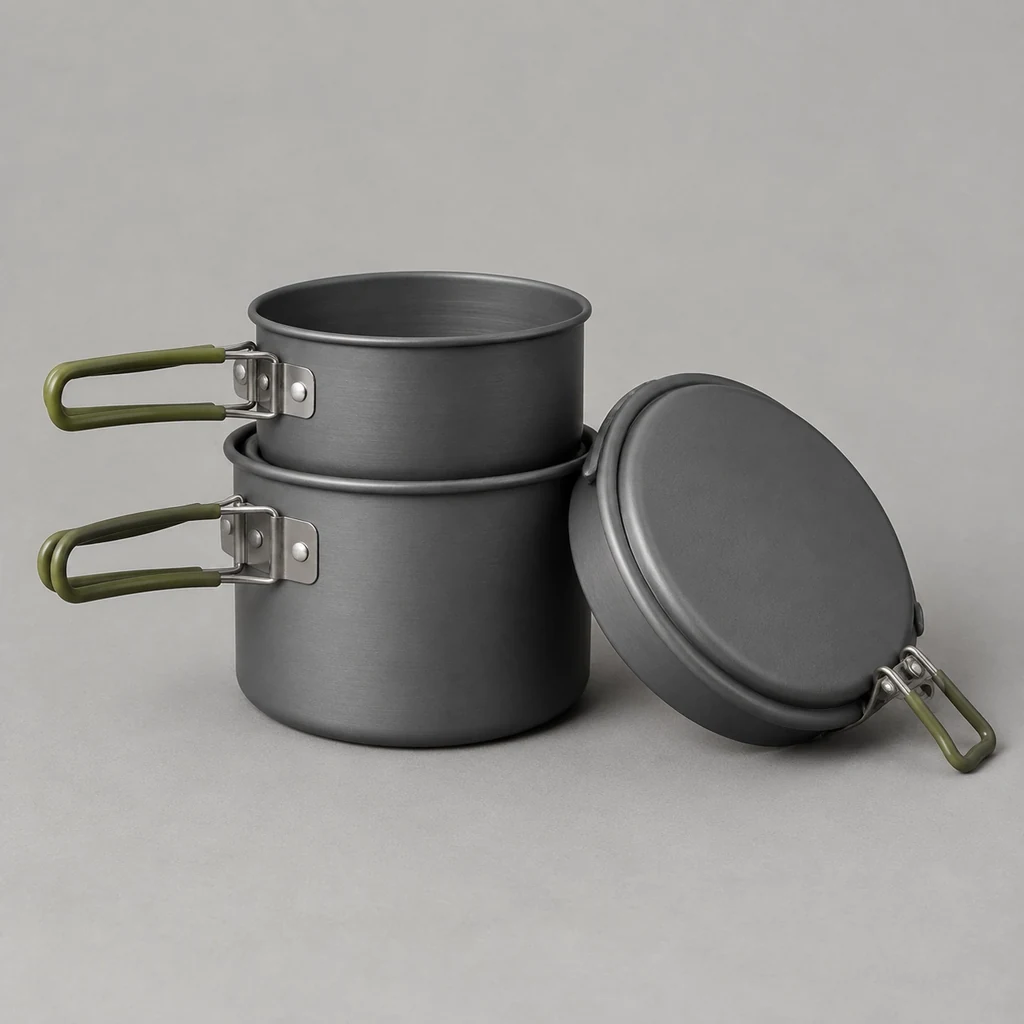 Nesting camping cook set with two pots and a pan lid
