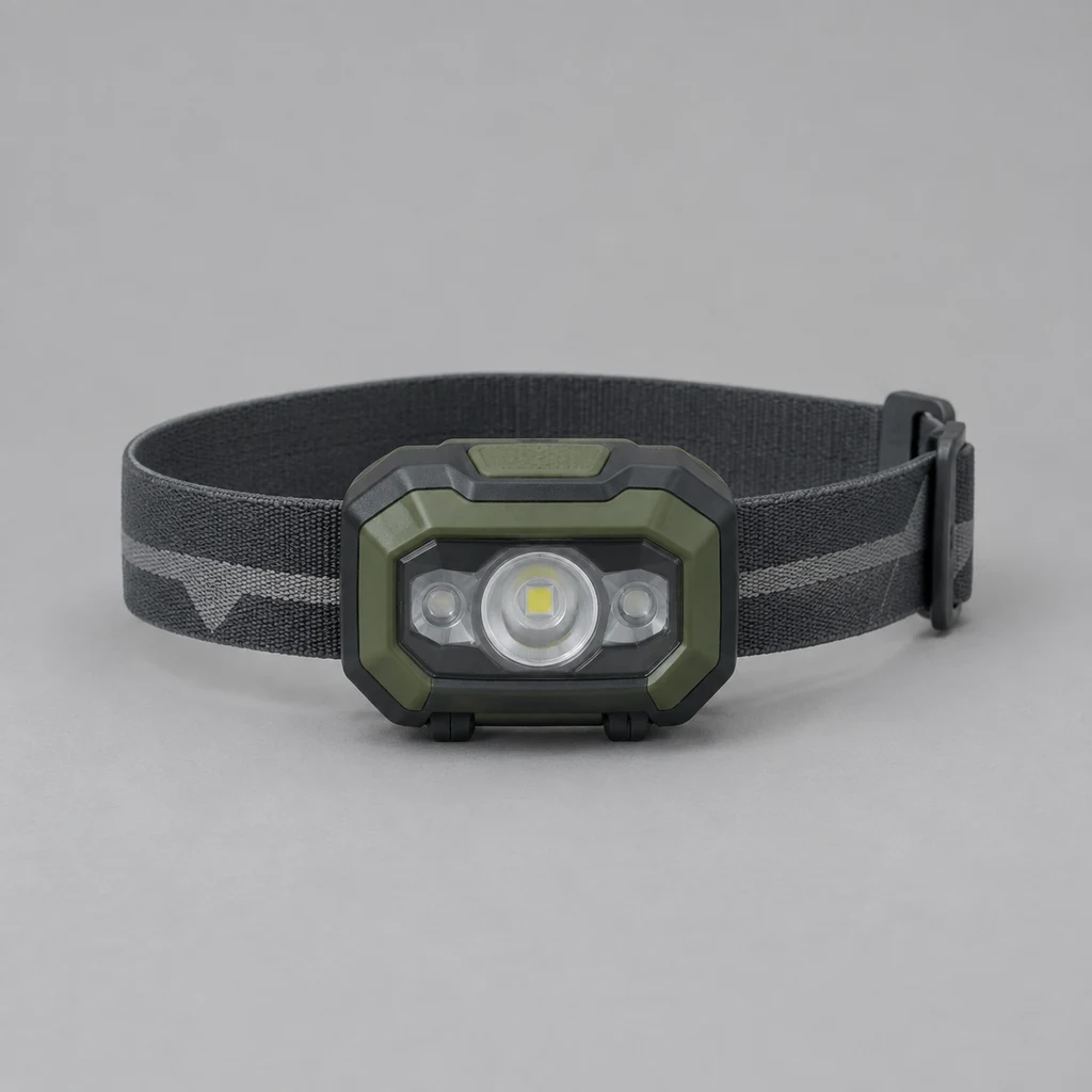 Compact head torch with an elastic strap, lamp facing forward