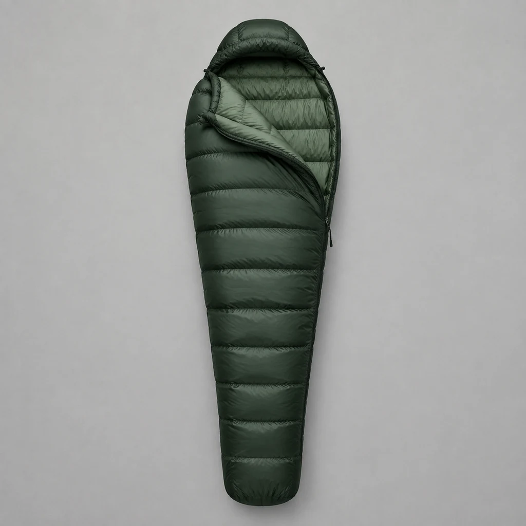Dark green mummy sleeping bag partly unzipped showing the hood