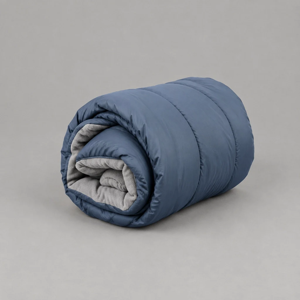 Lightweight slate blue square sleeping bag loosely rolled