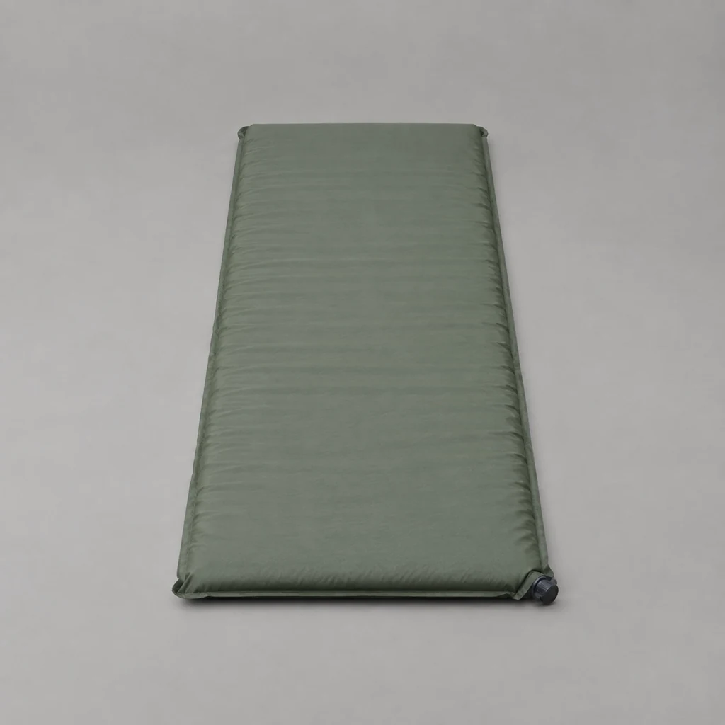 Self-inflating sleeping mat unrolled flat with a corner valve