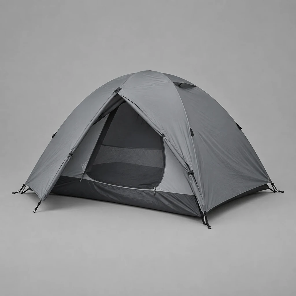 Compact grey two person backpacking dome tent