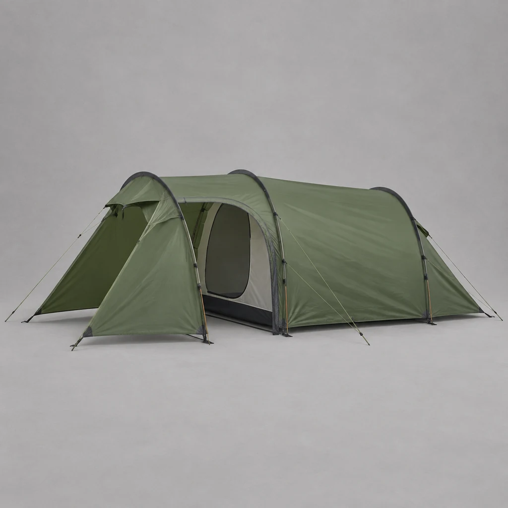 Green three person tunnel tent with a small porch