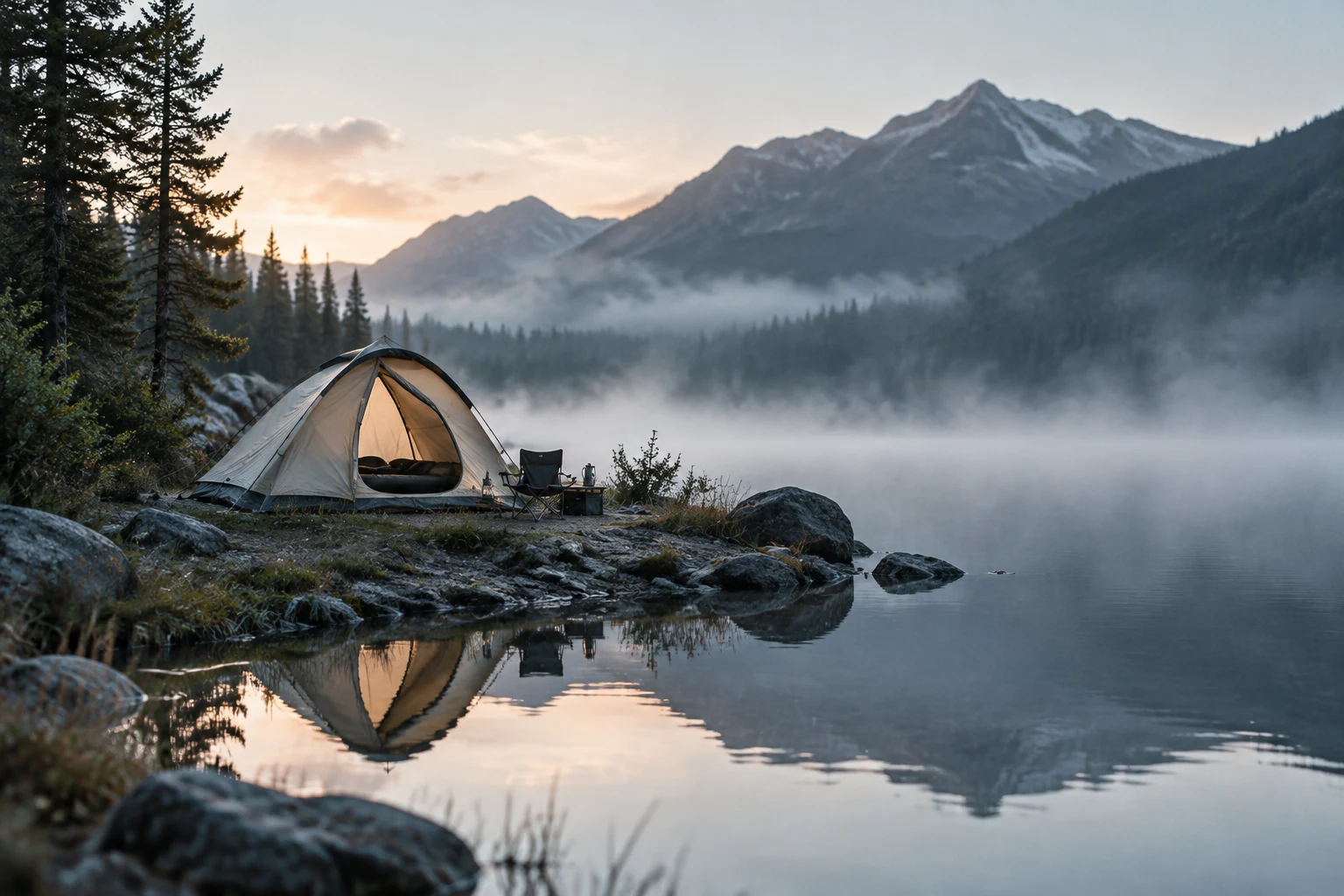 Quiet lakeside camp at first light with mist over still water
