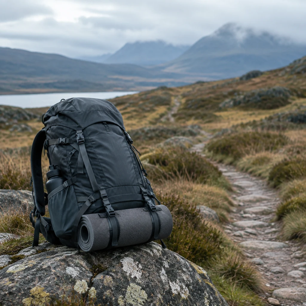 Loaded hiking rucksack resting on a stone beside a moorland footpath